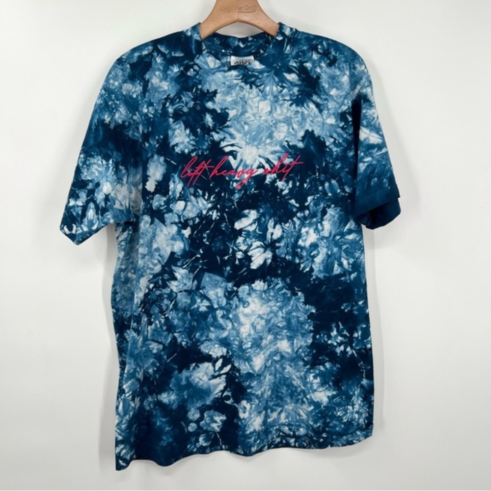 Shaka Wear Blue Tie Dye Lift Heavy Shit Embroidered Crew Neck Tee Shirt